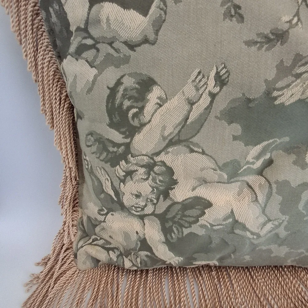REED Style Cherub Angel Tapestry Throw Pillow Green Beige Fringe Trim 14